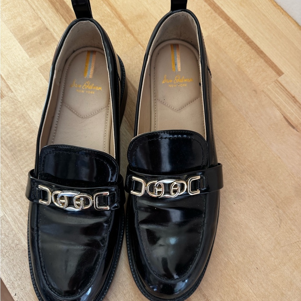 Sam Edelman Glossy Black Loafers with Gold Accent